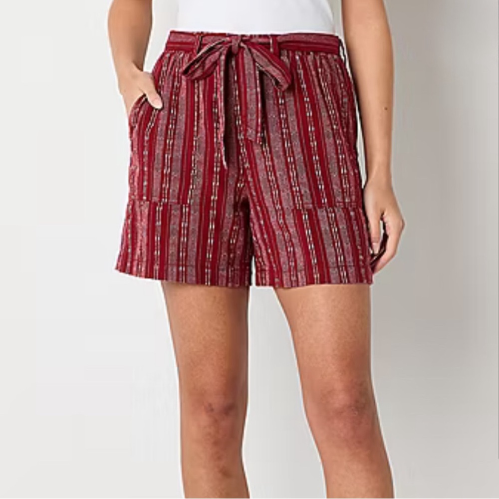 a.n.a Linen Blend Womens High Rise Pull-On Short Red Derby Stripe XXL NWT